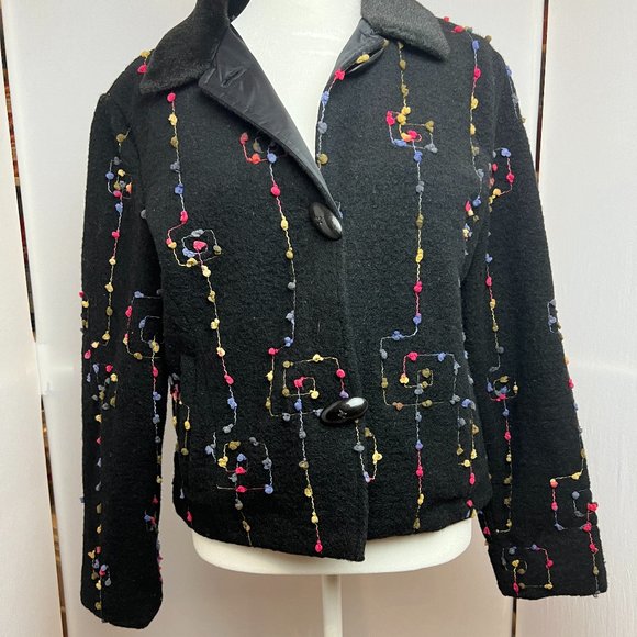 Tsunami Esq Black Wool Blend Embroidered Cropped Jacket Blazer Sz M Art-to-Wear - Picture 1 of 16